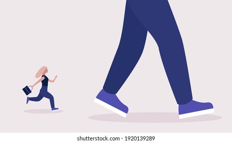 Leader, advantage, rivalry concept. Сoncept of young woman running after big leader. Colorful flat vector illustration