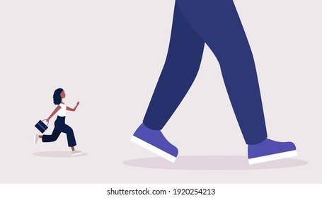 Leader, advantage, rivalry concept. Сoncept of young woman running after big leader. Colorful flat vector illustration