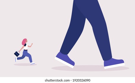 Leader, advantage, rivalry concept. Сoncept of young woman running after big leader. Colorful flat vector illustration
