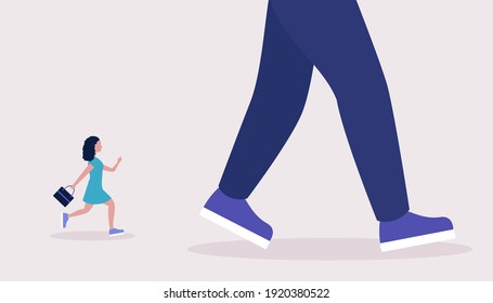 Leader, advantage, rivalry concept. Сoncept of young woman running after big leader. Colorful flat vector illustration