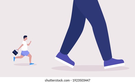 Leader, advantage, rivalry concept. Concept of young man running after big leader. Colorful flat vector illustration