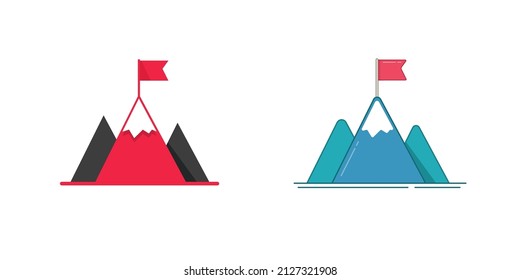 Leader aim concept as mountain success challenge vector or leadership goal with high motivation target flag on top peak logo idea flat cartoon illustration, career achievement or business finish icon