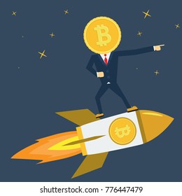 Leader Bitcoin character is on Rocket ship flying with success. Developement concept.