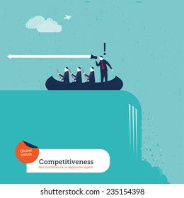 Leader in a boat avoiding to fall in a waterfall Vector illustration Eps10 file. Global colors. Text and Texture in separate layers.