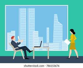 Leader boss businessman, office and businesswoman, job concept illustration, cartoon flat design style vector.