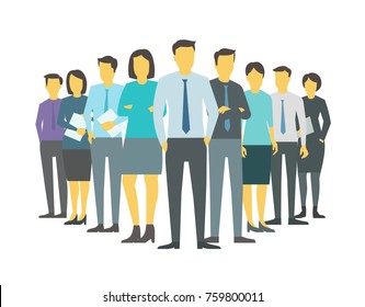 Leader boss director team company business group people stand of office clerks. Training finance stock illustration vector.