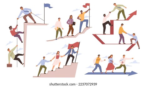 Leader or boss leading people in right direction. Achieving goals and being successful. Business development and teamwork. Flat cartoon character, vector illustration