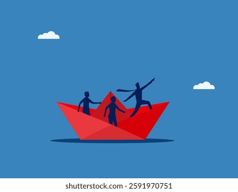 Leader, Brave, Challenge, Business Team on Paper Boat Leading Forward