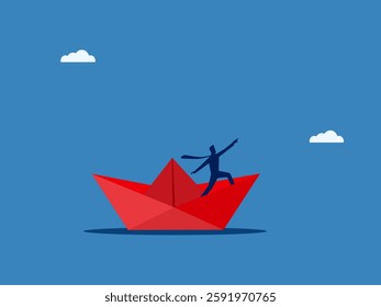 Leader, Brave, Challenge, Business Team on Paper Boat Leading Forward