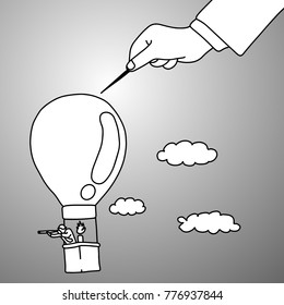 leader bully his worker by using needle on his balloon vector illustration doodle sketch hand drawn with black lines isolated on gray background. metaphor business concept. 