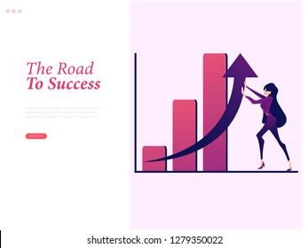 Leader of business change. Businesswoman is pushing arrow in graph up. Concept business vector illustration.