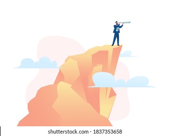 Leader of business team is standing on top of mountain, looking through spyglass. Opportunity search metaphor. Flat vector illustration