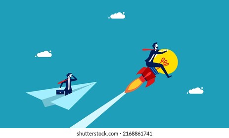 Leader of business victories. Competitive Advantage A businessman rides a light bulb faster than a paper plane