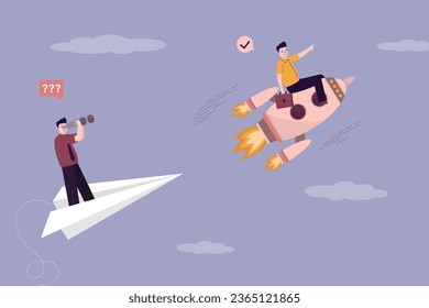 Leader of business victories. Competitive advantage, smart businessman rides rocket faster than paper plane. Innovation and motivation in business, concept. Leadership, first place. flat vector