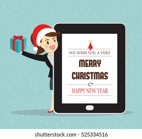 Leader business woman give  gifts for Christmas & Happy new year and thank you with employees together with greeting sent to e-mail,chat online on the phone.