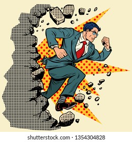 Leader businessman breaks a wall, destroys stereotypes. Moving forward, personal development. Pop art retro vector illustration vintage kitsch