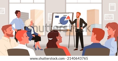 Leader businessman coaching at whiteboard, teaching group of corporate partners in auditorium vector illustration. Cartoon professional speaker giving board presentation background. Education concept