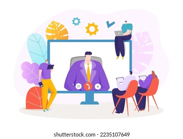 Leader businessman colleague negotiation video call digital gadget application, online tiny character flat vector illustration, isolated on white.