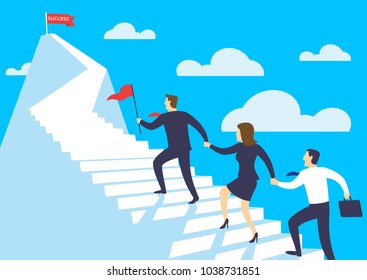 Leader businessman help the team walking up stairway to the top of mountain, Leadership teamwork business concept growth and the path to success, Flat design vector illustration