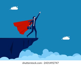 Leader. Businessman hero standing on cliff 