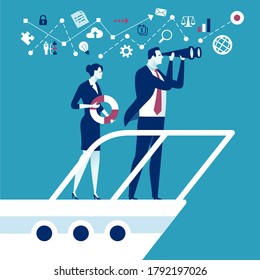 Leader. The businessman leads the ship towards profit. Business vector illustration.