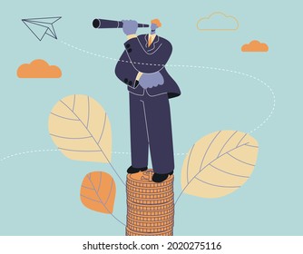 Leader Businessman looking for opportunities with telescope on top tower of golden coins and leaves, folding rocket. Vector design illustration.

