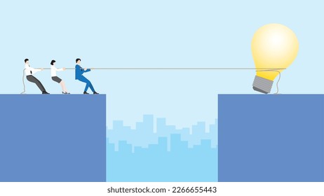 Leader businessman and teamwork pull a rope with a big light bulb. Office people work on a new project. Business idea, innovation, creation, inspiration, work hard, start-up, and creativity concept.