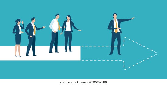 Leader. The businessman walks outside the marked area and reveals the direction forward. Business concept illustration. 
