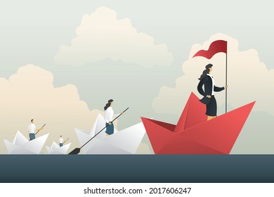 Leader businesswoman ship leads the team convoy to success.Vector illustration