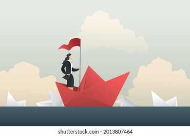 Leader businesswoman success passing the competition in crisis. woman stand in boat paper in sea, Symbol of motivation and challenge .illustration vector. 