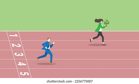 A leader businesswoman with a tree and rivalry is complete run on a race track. Advantages of ESG and green business policy of environmental concern, save a planet, eco-friendly sustainability company