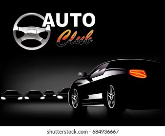 Leader Car.
A Black Car In Front Of A Series Of Similar Cars On A Dark Background. Vector Illustration. EPS-8.