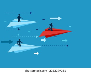 Leader of change. woman flies paper plane in the direction of the arrow pointing forward