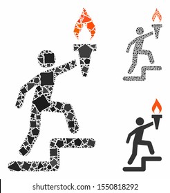 Leader climb with torch composition of bumpy items in different sizes and color tinges, based on leader climb with torch icon. Vector bumpy pieces are grouped into collage.