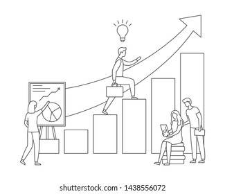 Leader climbs up the career ladder or study. People team or students reading and make diagram projects. Business Growth banner. Thin line style. Contour symbol. Linear poster. Startup outline vector