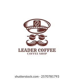 Leader Coffee Vintage logo vector. Captain Hat with coffee Glasses vector. Mr Coffee logo design template