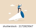 Leader communication, executive management skill to communicate with employee, send important message or announcement concept, businessman leader standing on big megaphone giving speech to public.