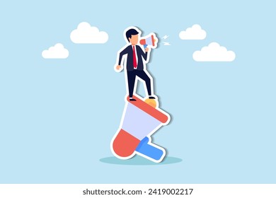 Leader communication, executive management skill to communicate with employee, send important message or announcement concept, businessman leader standing on big megaphone giving speech to public.