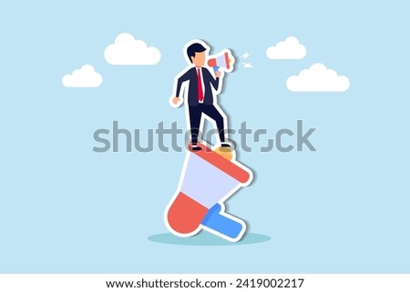 Leader communication, executive management skill to communicate with employee, send important message or announcement concept, businessman leader standing on big megaphone giving speech to public.