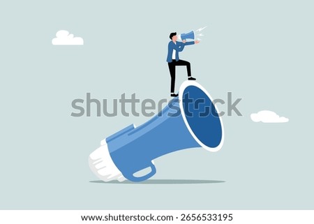 Leader communication, executive management skill to communicate with employee, send important message or announcement concept, businessman leader standing on big megaphone giving speech to public.