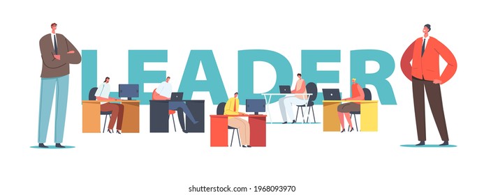 Leader Concept. Boss Character with Crossed Arms Stand behind Manager Employees Sitting at Desk Working on Computers, Corporate Control Poster, Banner or Flyer. Cartoon People Vector Illustration