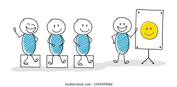 Leader concept - cartoon stickmen with smiley emoticon. Vector