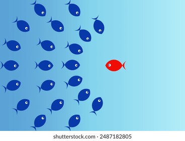 Leader concept. A group of small blue fish united with red fish. Vector illustration 