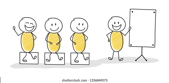 Leader concept - hand drawn stickmen with whiteboard and copyspace. Vector