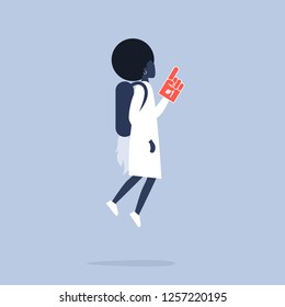 Leader, conceptual illustration. Young black female character wearing a jetpack and a foam finger. Flat vector. Victory. Achievement. Success.