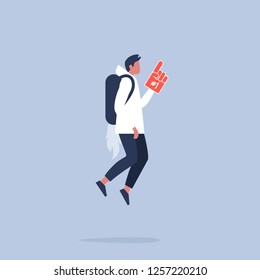 Leader, conceptual illustration. Young male character wearing a jetpack and a foam finger. Flat vector. Victory. Achievement. Success.