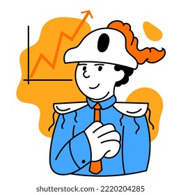 Líder y conquistador. Ilustración vectorial con un joven y ambicioso director ejecutivo en procesos de negocio. Liderazgo, finanzas, minimalismo, equipo, gestión y objetivo, estrategia