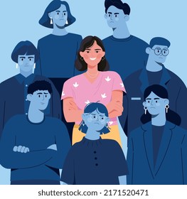 Leader in crowd. Woman stands out among gray people. Positive and bright smiling person, optimism. Leadership, self confidence, creativity, individuality concept. Cartoon flat vector illustration