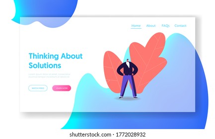 Leader Demonstrate Power Landing Page Template. Easy Problem Solving. Self Confident Male Character Stand with Arms Akimbo. Professional Specialist, Business Man Winner. Cartoon Vector Illustration