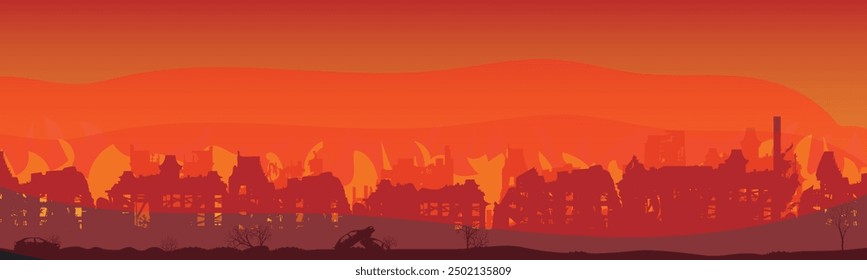 A leader in a destroyed city. the war destroyed the settlement. Panorama. Vector